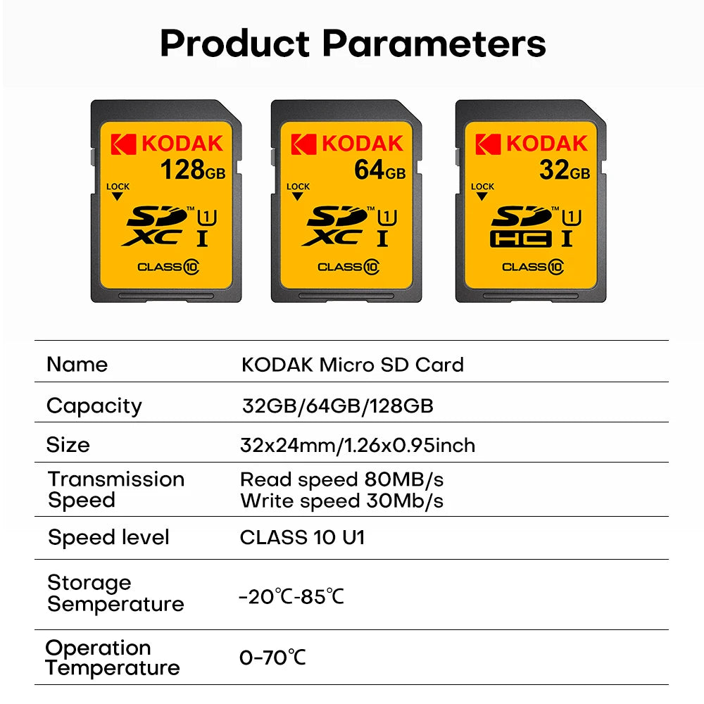 KODAK SD Card 32GB 64GB 128GB Class 10 U1 V30 High Speed Memory Card SDXC for DSLR Camera 4K Video