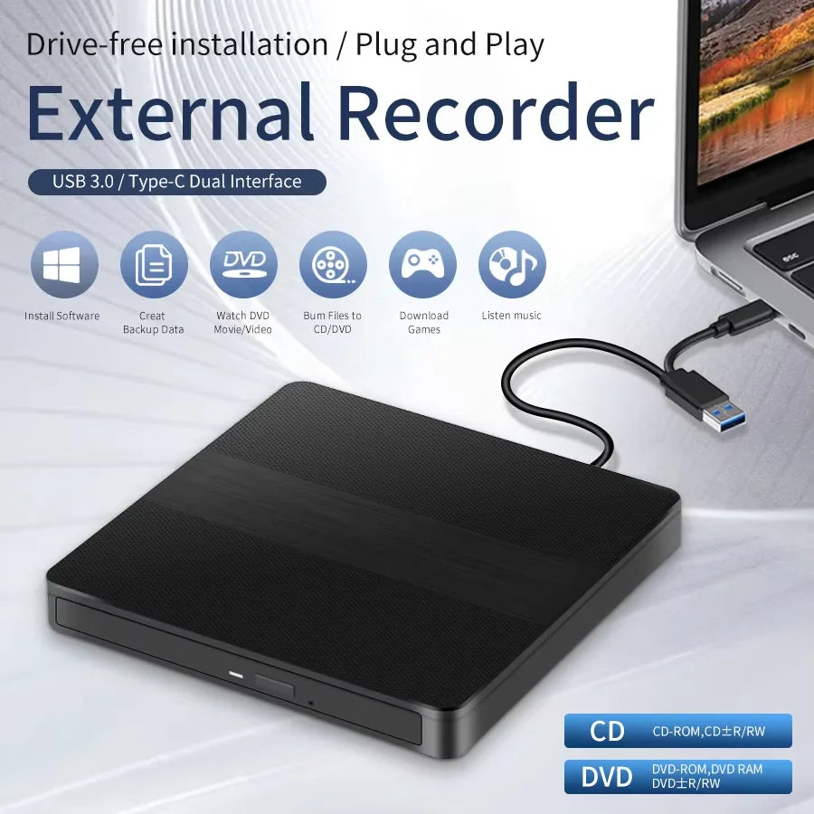 USB 3.0 External DVD Drive Enclosure – USB-C & USB-A