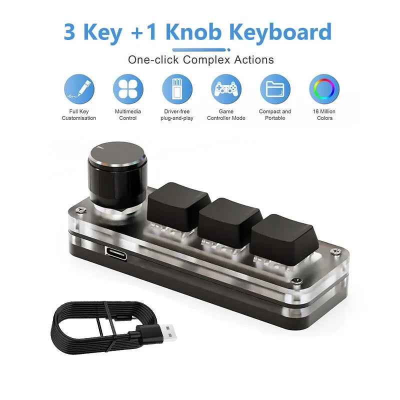 3-Key RGB Macro Mechanical Keypad – Custom Programming Knob